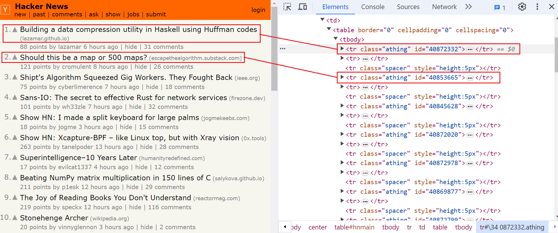 selecting articles having athing class